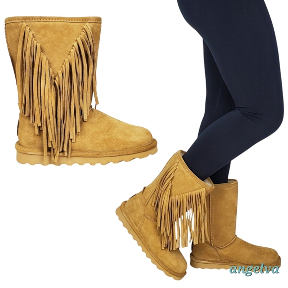 New Bearpaw Cherilyn suede fringe winter boots iced coffee wool blend fur pull - Picture 5 of 16
